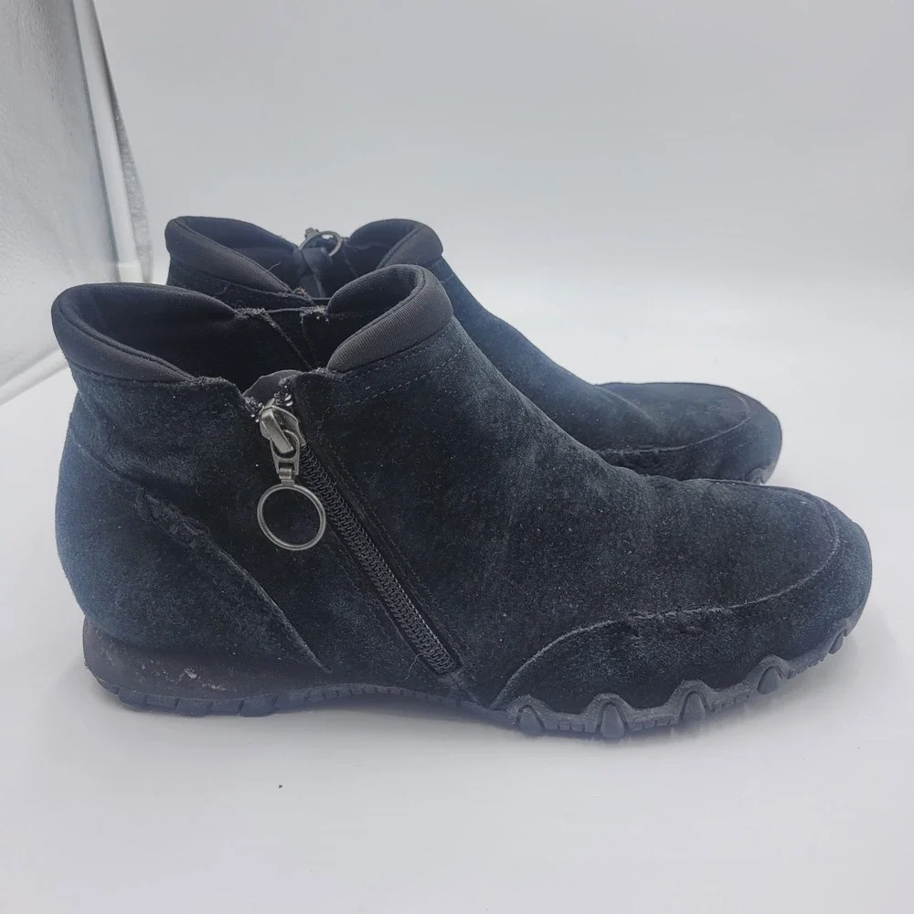 Skechers Bikers Lite Black Suede Ankle Boots Side Zip‎ Memory Foam Womens Sz 7.5